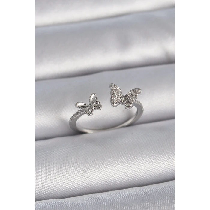 Pirinç Gümüş Renk Ayarlanabilir Zirkon Taşlı Kelebek Model Kadın Yüzük
