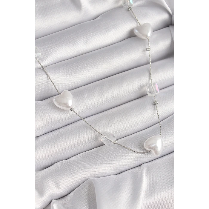 Pirinç Gümüş Renk Beyaz İnci Kalp Model Kadın Kolye