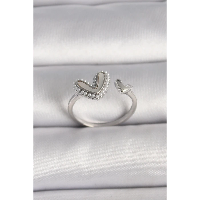 Pirinç Gümüş Renk Beyaz Mineli İnci Detaylı Kalp Model Ayarlanabilir Yüzük