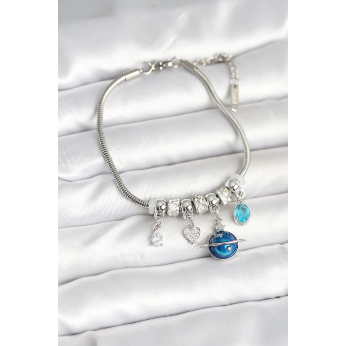 Pirinç Gümüş Renk Dünya Charmlı Kadın Bileklik