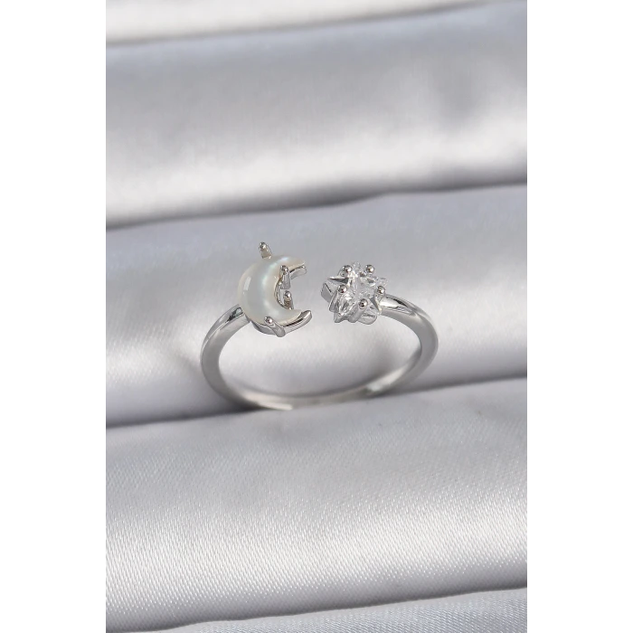 Pirinç Gümüş Renk İncili Hilal Zirkon Taşlı Yıldız Ayarlanabilir Kadın Yüzük