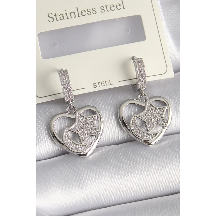 Pirinç Gümüş Renk Kalp Model Zirkon Taşlı Ay Yıldız İşlemeli Kadın Küpe