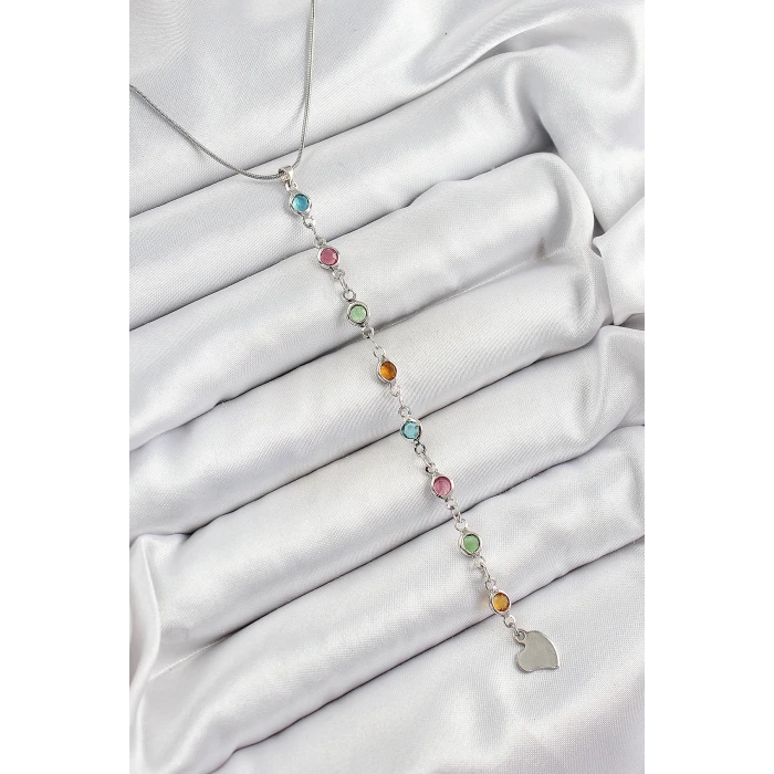 Pirinç Gümüş Renk Karışık Renk Zirkon Taşlı Y Kadın Kolye