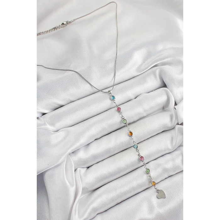 Pirinç Gümüş Renk Karışık Renk Zirkon Taşlı Y Kadın Kolye