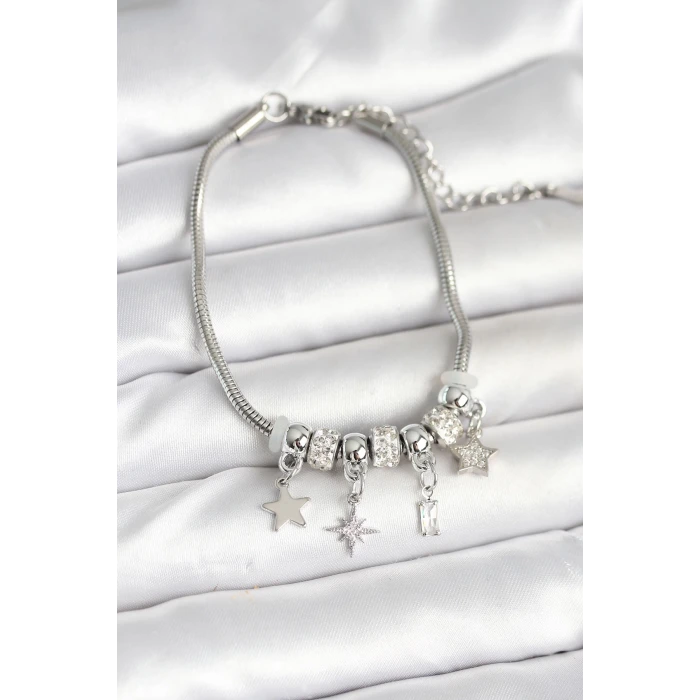 Pirinç Gümüş Renk Kutup Yıldızı Charmlı Kadın Bileklik