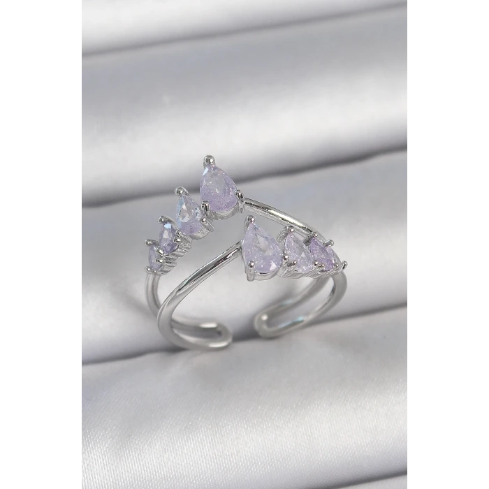 Pirinç Gümüş Renk Mor Damla Zirkon Taşlı Taç Model Kadın Yüzük