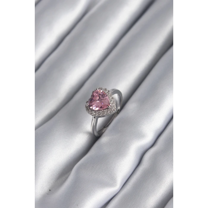 Pirinç Gümüş Renk Pembe Zirkon Taş Kalp Charm Model Kadın Yüzük