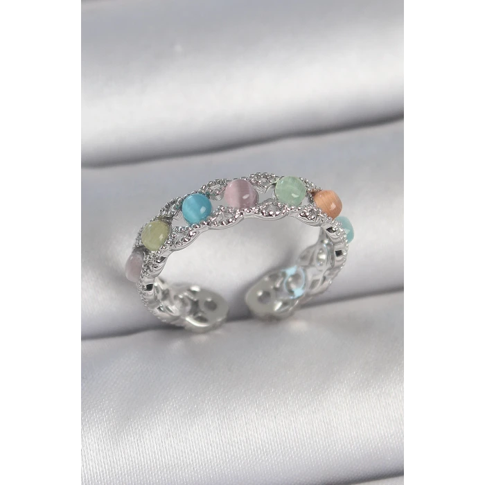 Pirinç Gümüş Renk Renkli Mineli Ayarlanabilir Kadın Yüzük