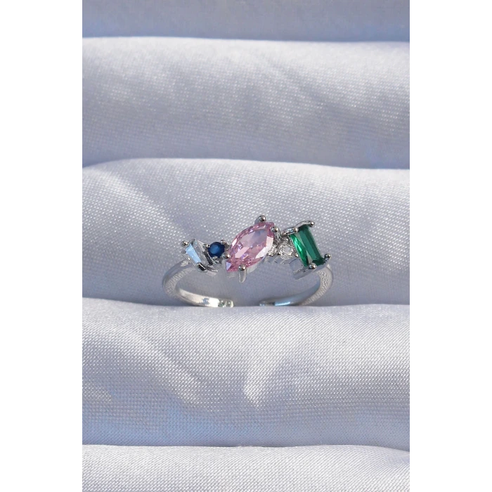 Pirinç Gümüş Renk Renkli Zirkon Taşlı Ayarlanabilir Yüzük