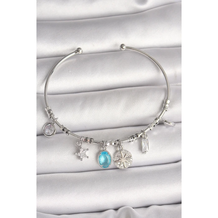 Pirinç Gümüş Renk Sallantı Pusula Figür Kalp Detay Charm Kadın Bileklik