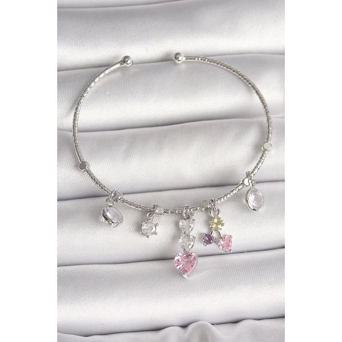 Pirinç Gümüş Renk Sallantı Zirkon Taşlı Kalp Figür Charm Kadın Bileklik