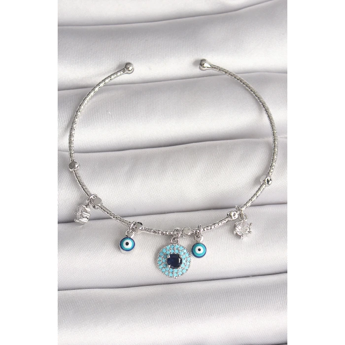 Pirinç Gümüş Renk Sallantı Zirkon Taşlı Nazar Boncuk Figür Charm Kadın Bileklik