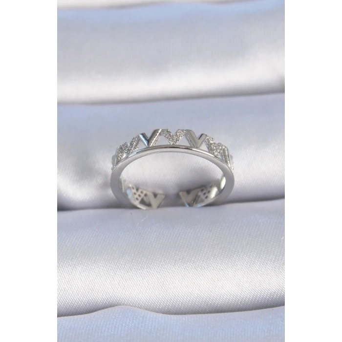 Pirinç Gümüş Renk V Model Zirkon Taşlı Kadın Yüzük