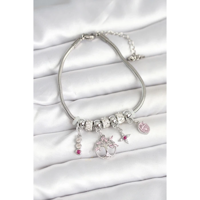 Pirinç Gümüş Renk Yaşam Ağacı Charmlı Kadın Bileklik