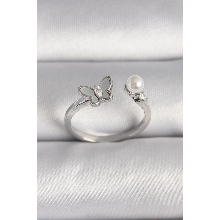 Pirinç Gümüş Renk Zirkon Taş Detaylı Beyaz Mineli Kelebek Figür İnci Detay Ayarlanabilir Yüzük