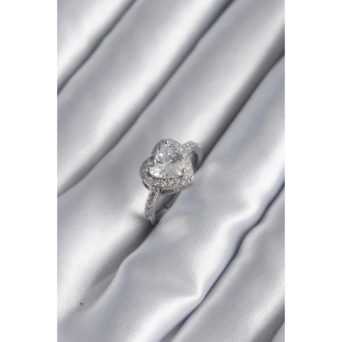 Pirinç Gümüş Renk Zirkon Taş Kalp Charm Model Kadın Yüzük