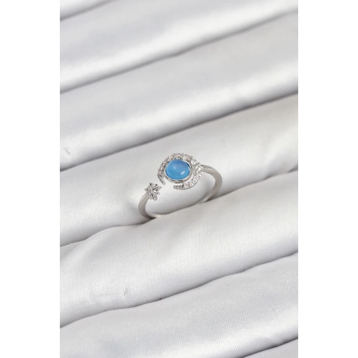 Pirinç Gümüş Renk Zirkon Taşlı Ay Yıldız Kadın Yüzük