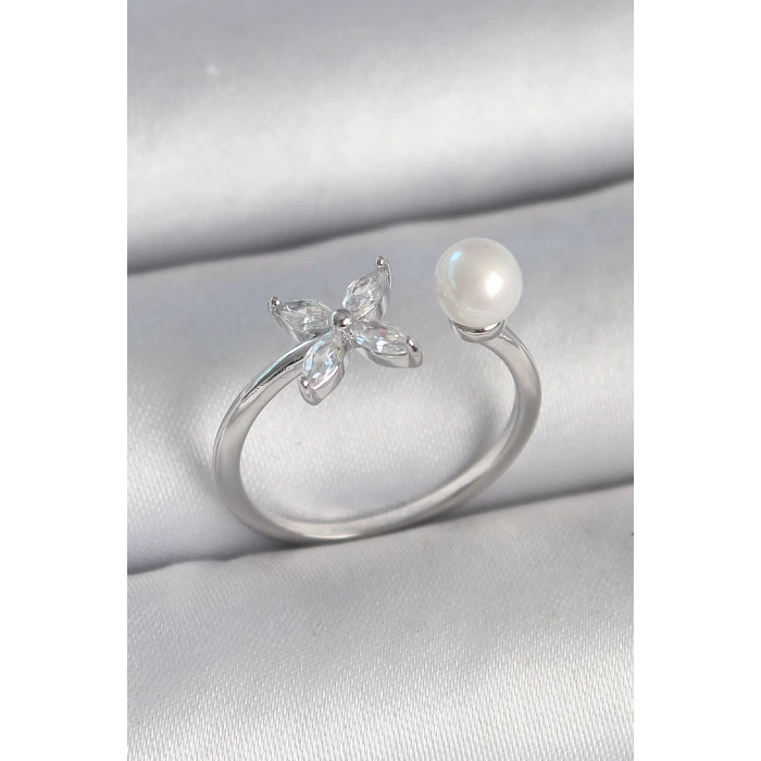 Pirinç Gümüş Renk Zirkon Taşlı Çiçek Model İnci Detay Ayarlanabilir Kadın Yüzük