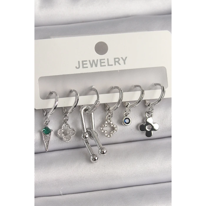 Pirinç Gümüş Renk Zirkon Taşlı Çoklu Figür Kadın Küpe Seti