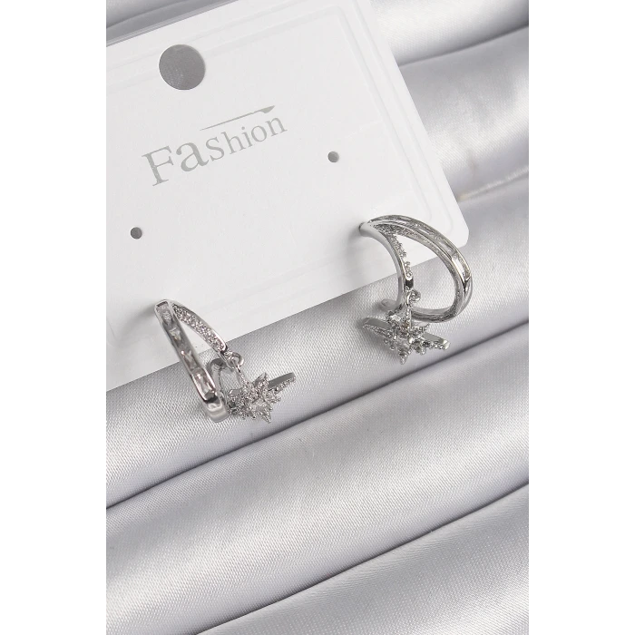 Pirinç Gümüş Renk Zirkon Taşlı Halka Model Sallantı Yıldız Detay Kadın Küpe