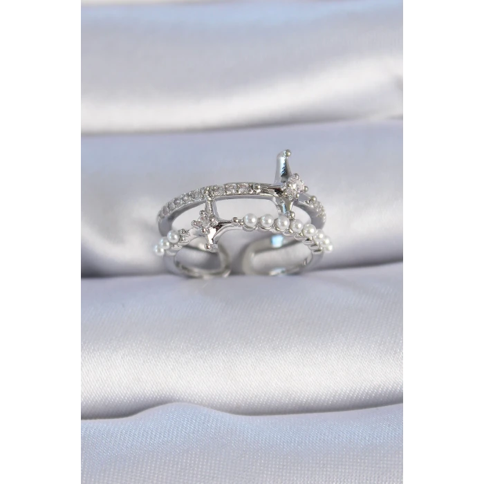 Pirinç Gümüş Renk Zirkon Taşlı İnci Detay Kutup Yıldızı Model Kadın Yüzük