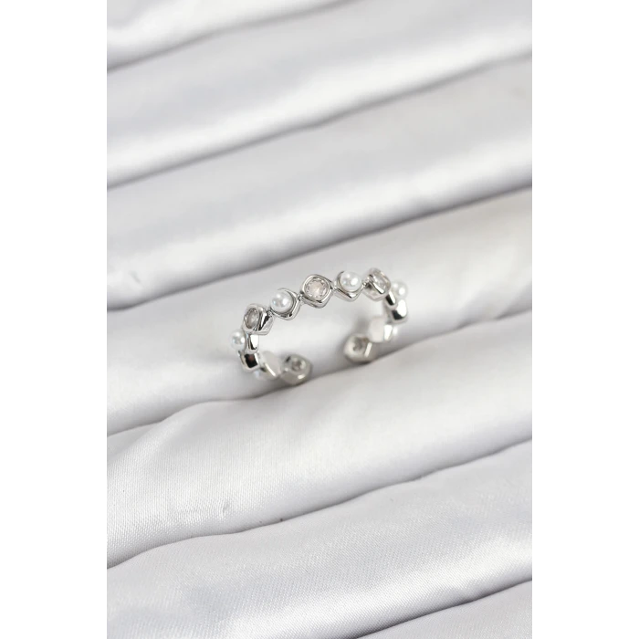 Pirinç Gümüş Renk Zirkon Taşlı İncili Kadın Yüzük