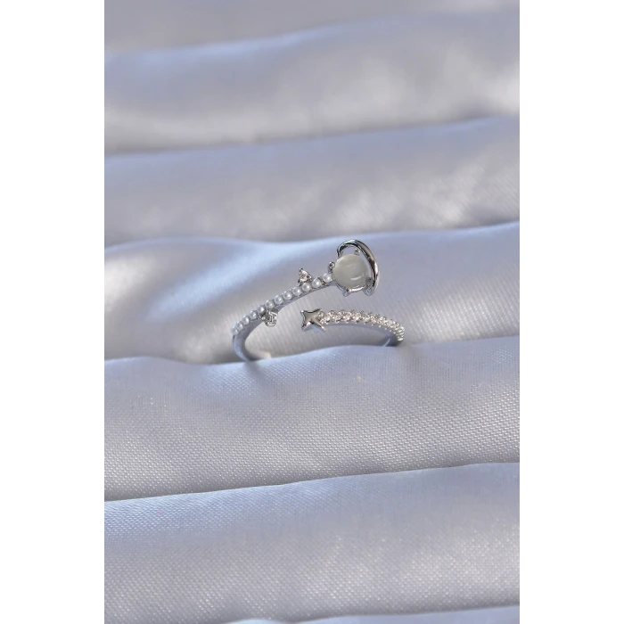 Pirinç Gümüş Renk Zirkon Taşlı İncili Satürn Model Ayarlanabilir Yüzük