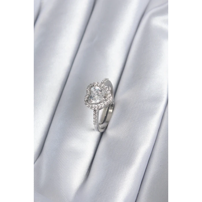 Pirinç Gümüş Renk Zirkon Taşlı Kalp Charm Model Kadın Yüzük