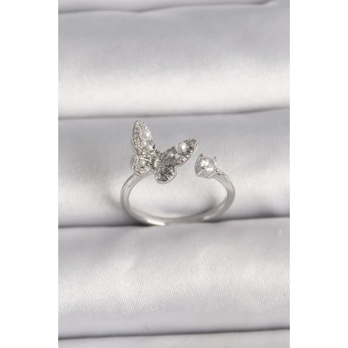 Pirinç Gümüş Renk Zirkon Taşlı Kelebek Model İnci Detay Ayarlanabilir Yüzük