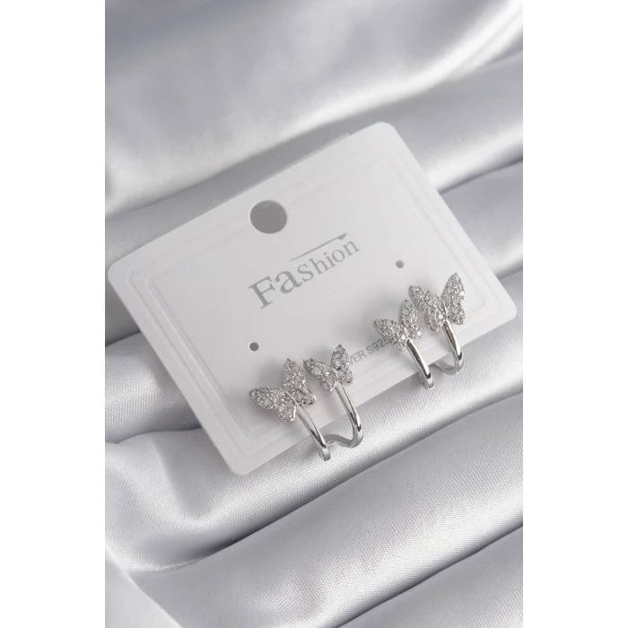 Pirinç Gümüş Renk Zirkon Taşlı Kelebek Model Kadın Küpe