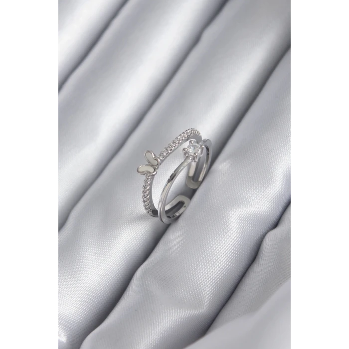 Pirinç Gümüş Renk Zirkon Taşlı Kelebek Model Kadın Yüzük