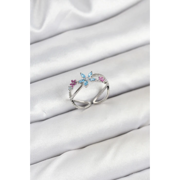 Pirinç Gümüş Renk Zirkon Taşlı Mavi Çiçekli Kadın Yüzük