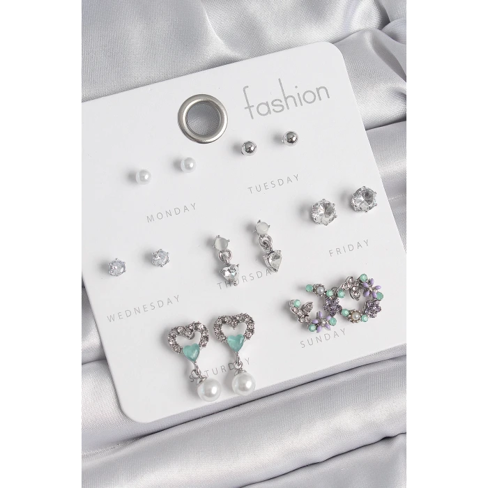 Pirinç Gümüş Renk Zirkon Taşlı Sallantılı Kalp Model Çiçek Detay 7 Çift Kadın Küpe Seti