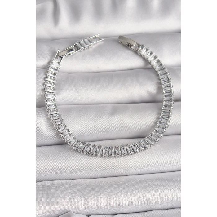 Pirinç Gümüş Renk Zirkon Taşlı Su Yolu Model Kadın Bileklik