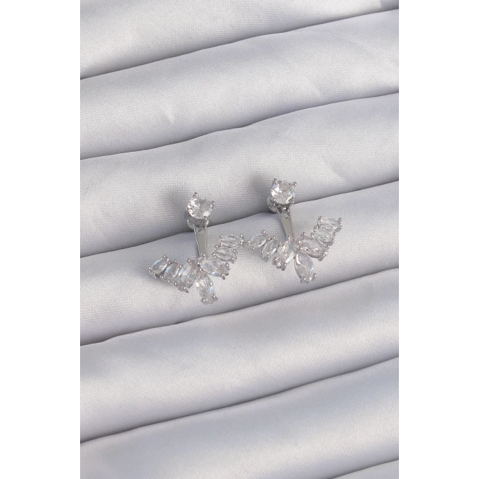 Pirinç Gümüş Renk Zirkon Taşlı V Model Küpe