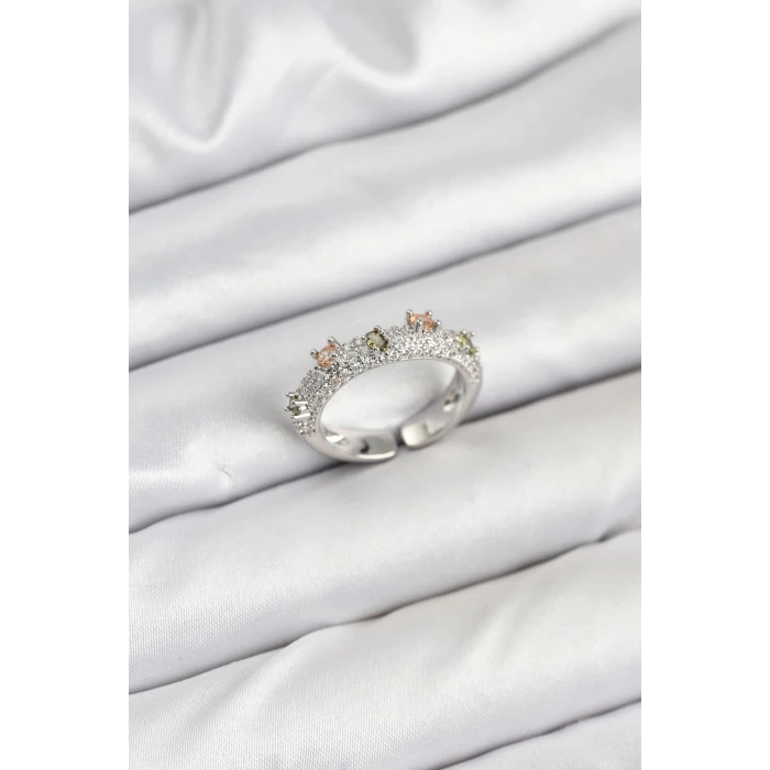 Pirinç Gümüş Renk Zirkon Taşlı Vintage Kadın Yüzük