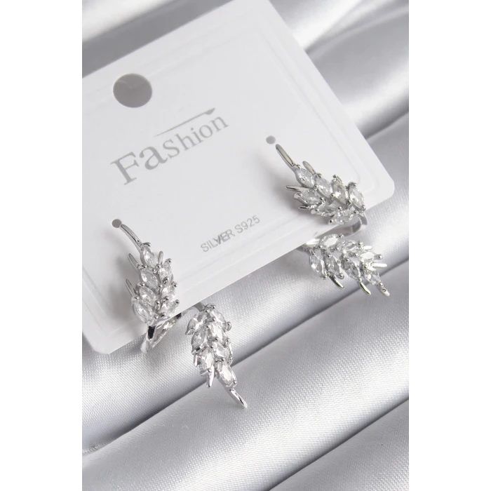 Pirinç Gümüş Renk Zirkon Taşlı Yaprak Model Kadın Küpe
