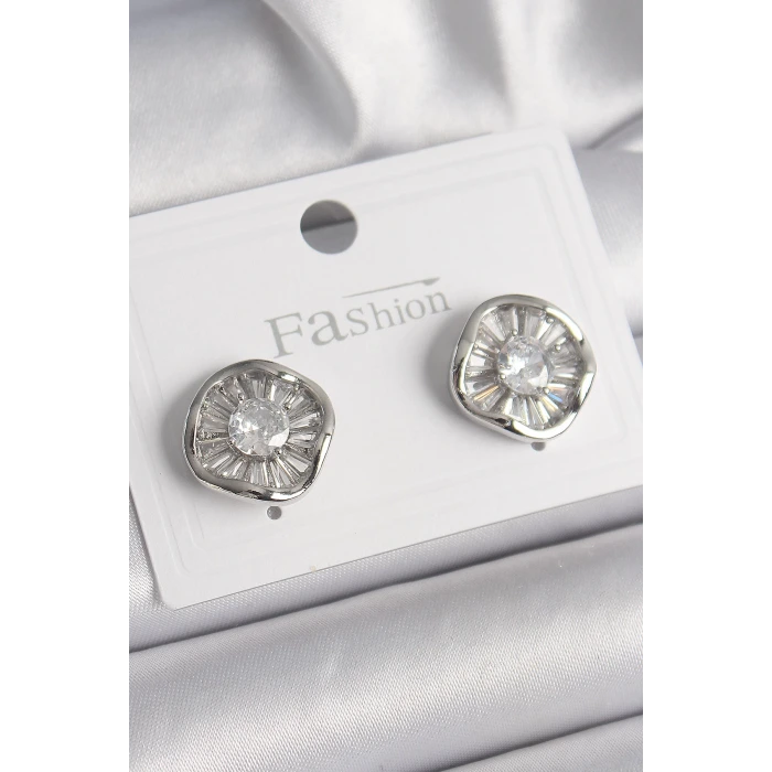 Pirinç Gümüş Renk Zirkon Taşlı Yonca Model Kadın Küpe