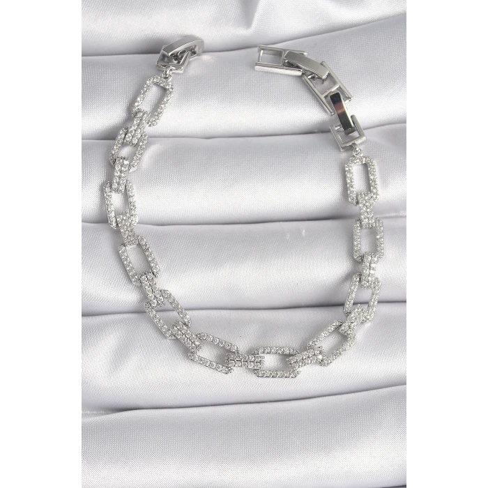 Pirinç Gümüş Renk Zirkon Taşlı Zincir Model VIP Seri Kadın Bileklik