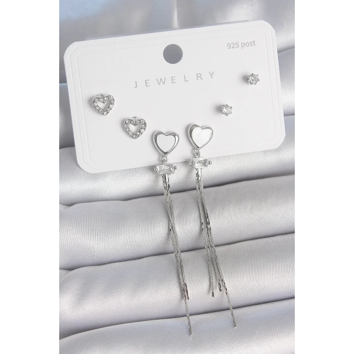 Pirinç Gümüş Sallantı Beyaz Mineli Kalp Model Zirkon Taşlı Kalp Detay 925 Ayar Gümüş Çivi Kadın Küpe Seti