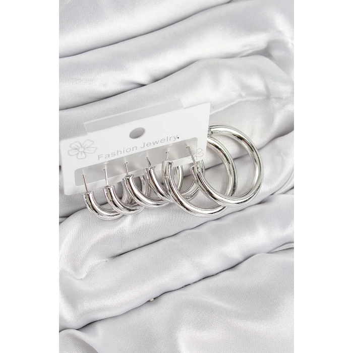 Pirinç Halka Model Gümüş Renk Kadın Set Küpe