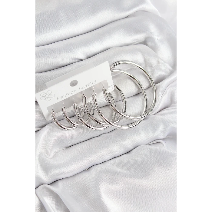 Pirinç Halka Model Gümüş Renk Kadın Set Küpe