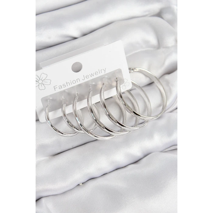 Pirinç Halka Model Gümüş Renk Kadın Set Küpe