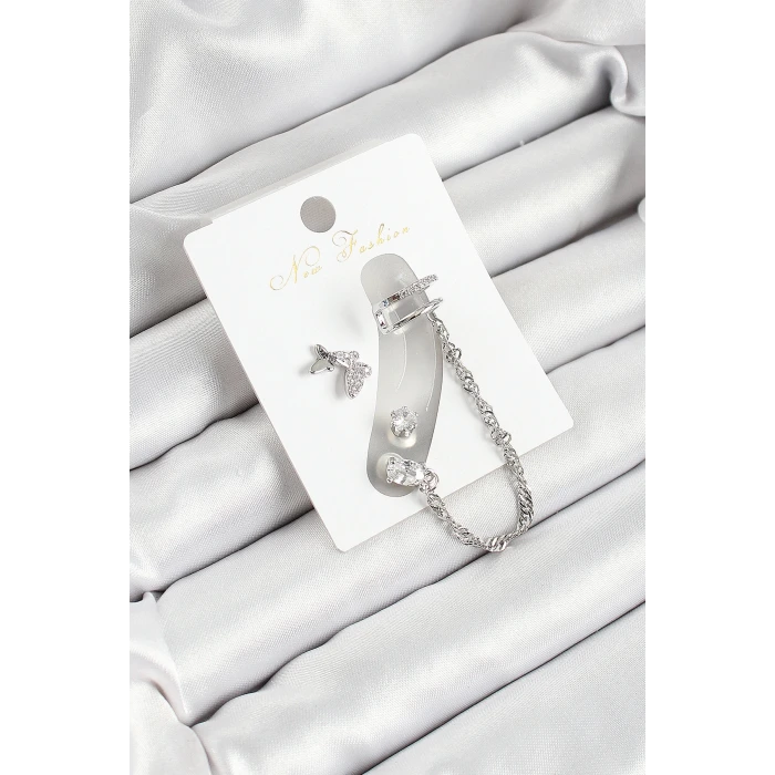 Pirinç Kelebek Figürlü Zirkon Taşlı Gümüş Renk 3lü Kıkırdak Kadın Küpe Set