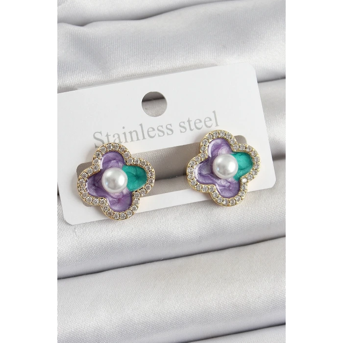 Pirinç Mor Mineli İnci Detaylı Zirkon Taşlı Sanatsal Portre Yonca Model Gold Renk Kadın Küpe