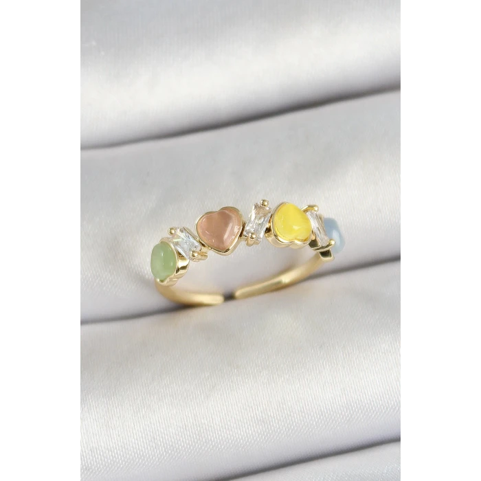 Pirinç Sıralı Kalp Figürlü Zirkon Taşlı Gold Renk Ayarlanabilir Kadın Yüzük