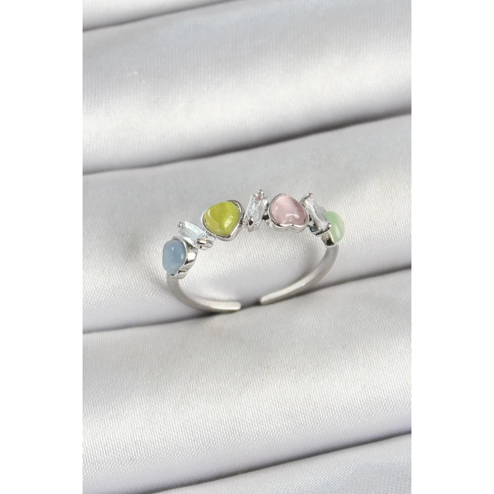 Pirinç Sıralı Kalp Figürlü Zirkon Taşlı Gümüş Renk Ayarlanabilir Kadın Yüzük