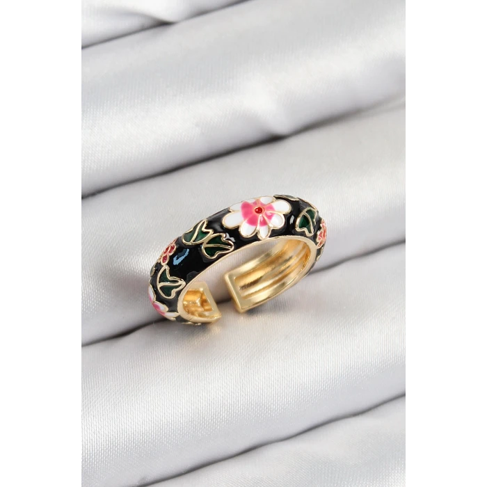 Pirinç Siyah Mineli Çiçek Motifli Gold Renk Ayarlanabilir Kadın Yüzük