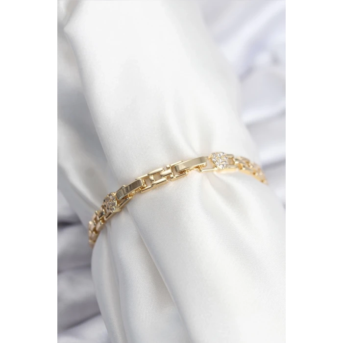Pirinç VIP Seri Gold Renk Zincir Model Kalpli Zirkon Taşlı Kadın Bileklik