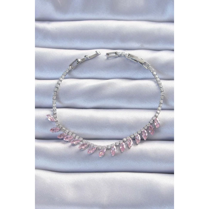 Pirinç Vip Seri Gümüş Renk Pembe Zirkon Taşlı Bileklik